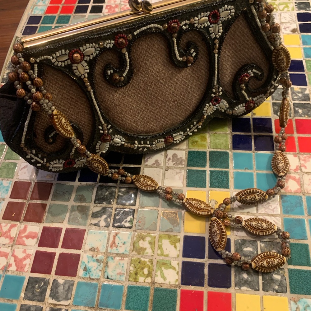 Mary Frances Beaded Clutch with Gold and Red Accents